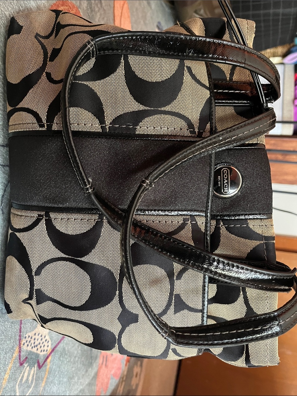Coach Canvas Shoulder Bag in Khaki and Black
